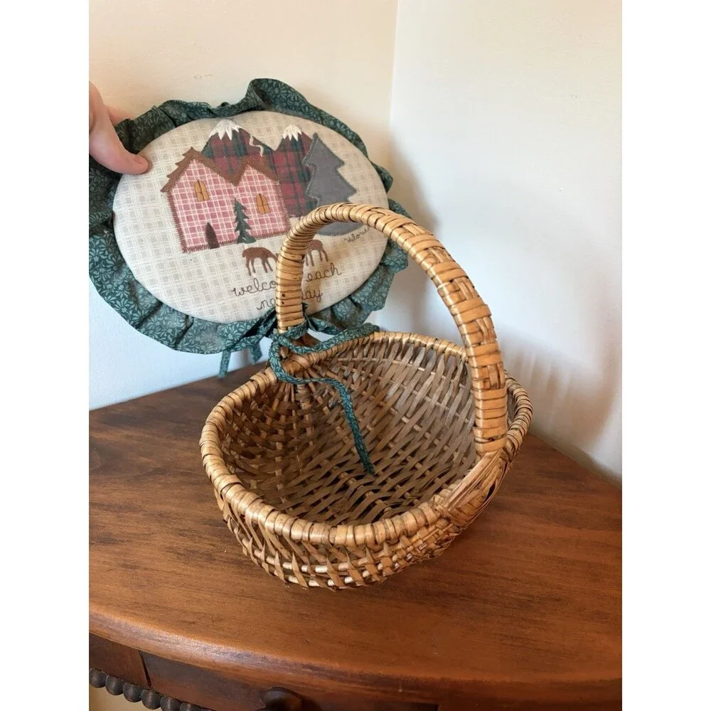 Cabin Wicker Sewing Basket w/ Handle, Fabric Lid 